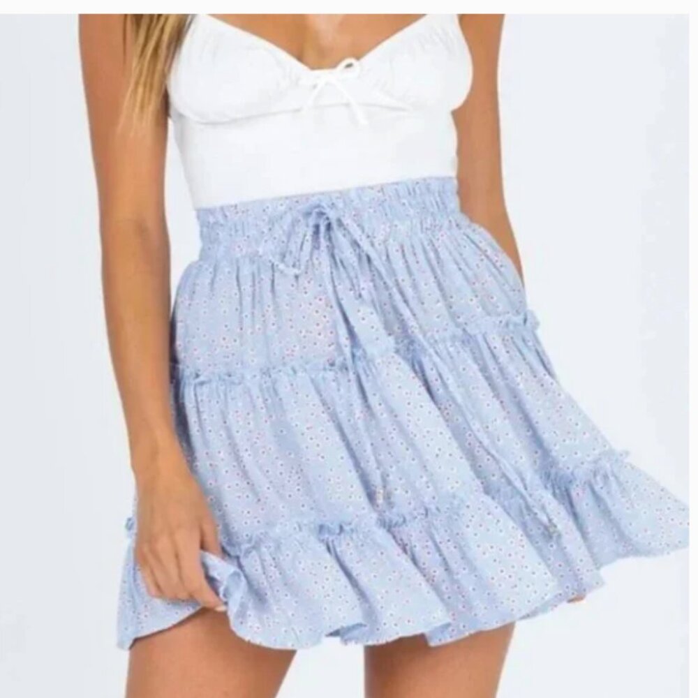 Princess Polly Zelly Women's Mini Skirt Pale Blue Floral Tiered